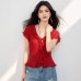 Elegant Ruffled V-Neck Red Knit Top for WomenYouthful and Charming, Sweet Style, Fitted Fit