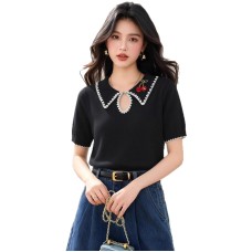 Cherry Embroidery Turn-Down Collar Short Sleeve Knit Top Color Block Edge Elegant Basic Shirt Upperwear