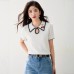 Cherry Embroidery Turn-Down Collar Short Sleeve Knit Top Color Block Edge Elegant Basic Shirt Upperwear