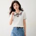 Cherry Embroidery Turn-Down Collar Short Sleeve Knit Top Color Block Edge Elegant Basic Shirt Upperwear