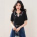 Cherry Embroidery Turn-Down Collar Short Sleeve Knit Top Color Block Edge Elegant Basic Shirt Upperwear