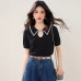 Cherry Embroidery Turn-Down Collar Short Sleeve Knit Top Color Block Edge Elegant Basic Shirt Upperwear