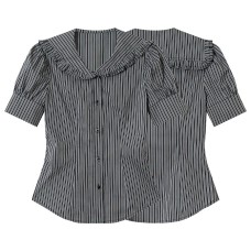 Striped Bubble Sleeve Doll Neck Short Sleeve Striped Bubble Sleeve Doll Neck Short Sleeve