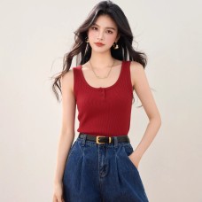Half-Button Knit Tank Top for Women Red Sleeveless Top Round Neck Summer Casual Wear Half-Button Knit Tank Top for Women Red Sleeveless Top Round Neck Summer Casual Wear