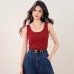 Half-Button Knit Tank Top for Women Red Sleeveless Top Round Neck Summer Casual Wear