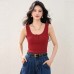 Half-Button Knit Tank Top for Women Red Sleeveless Top Round Neck Summer Casual Wear