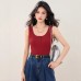 Half-Button Knit Tank Top for Women Red Sleeveless Top Round Neck Summer Casual Wear