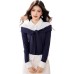 Stylish Stripe Polo Neck Faux Two-Piece Knit Top for Women Long Sleeve Basic Short Top