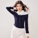 Stylish Stripe Polo Neck Faux Two-Piece Knit Top for Women Long Sleeve Basic Short Top