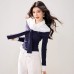 Stylish Stripe Polo Neck Faux Two-Piece Knit Top for Women Long Sleeve Basic Short Top