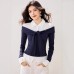Stylish Stripe Polo Neck Faux Two-Piece Knit Top for Women Long Sleeve Basic Short Top