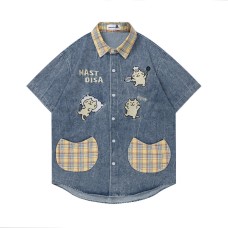 Kitten cartoon embroidery for vintage denim short sleeves