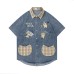 Kitten cartoon embroidery for vintage denim short sleeves