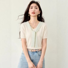 Silk Knit Loose Shoulder Drape Fake Two-Piece Short Sleeve Top for Women