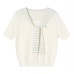 Silk Knit Loose Shoulder Drape Fake Two-Piece Short Sleeve Top for Women