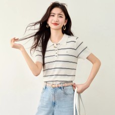 Fashionable Casual Color-Blocking Stripe Polo Collar Short Sleeve Knitted Top Women