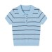 Fashionable Casual Color-Blocking Stripe Polo Collar Short Sleeve Knitted Top Women