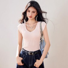 Elegant Pink V-Neck Short Sleeve Knit Top for Women, Fitted Crop Top Summer Casual Wear Elegant Pink V-Neck Short Sleeve Knit Top for Women, Fitted Crop Top Summer Casual Wear