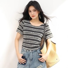 Stripe Slimming U-neck Short Sleeve Knit Top for Women Casual Stylish Versatile Upper Wear Stripe Slimming U-neck Short Sleeve Knit Top for Women Casual Stylish Versatile Upper Wear