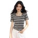 Stripe Slimming U-neck Short Sleeve Knit Top for Women Casual Stylish Versatile Upper Wear