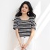 Stripe Slimming U-neck Short Sleeve Knit Top for Women Casual Stylish Versatile Upper Wear