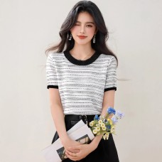 Round Neck Stripe Knit Short Sleeve Women's Slim Fit Versatile Unique Top Fashion