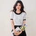 Round Neck Stripe Knit Short Sleeve Women's Slim Fit Versatile Unique Top Fashion