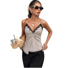 Elegant Color-Blocking Lace Knotted Fitted V-Neck Sleeveless Top
