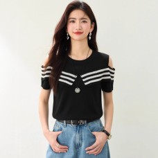 Shoulder-Baring Color-Blocking Stripe Design Short Sleeve Knit Top for Women, Slim-Fitting Chic Streetwear Style