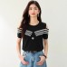 Shoulder-Baring Color-Blocking Stripe Design Short Sleeve Knit Top for Women, Slim-Fitting Chic Streetwear Style