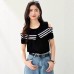 Shoulder-Baring Color-Blocking Stripe Design Short Sleeve Knit Top for Women, Slim-Fitting Chic Streetwear Style