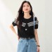 Shoulder-Baring Color-Blocking Stripe Design Short Sleeve Knit Top for Women, Slim-Fitting Chic Streetwear Style