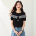 Shoulder-Baring Color-Blocking Stripe Design Short Sleeve Knit Top for Women, Slim-Fitting Chic Streetwear Style