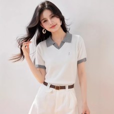 White Polo Neck False Two-Piece Short Sleeve Knit Top for WomenLightweight, Elegant with Patchwork Design