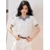 White Polo Neck False Two-Piece Short Sleeve Knit Top for WomenLightweight, Elegant with Patchwork Design