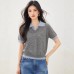 White Polo Neck False Two-Piece Short Sleeve Knit Top for WomenLightweight, Elegant with Patchwork Design