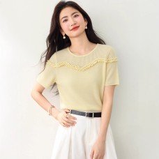 SweetTop Round Neck with Lace Trim Solid Color Versatile Short Sleeve Knitwear for Women