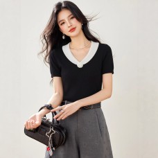 Color-blocked V-neck short sleeve knitted top for women, stylish and slimming short fit, perfect for summer