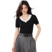 Color-blocked V-neck short sleeve knitted top for women, stylish and slimming short fit, perfect for summer Color-blocked V-neck short sleeve knitted top for women, stylish and slimming short fit, perfect for summer