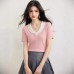 Color-blocked V-neck short sleeve knitted top for women, stylish and slimming short fit, perfect for summer Color-blocked V-neck short sleeve knitted top for women, stylish and slimming short fit, perfect for summer