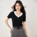 Color-blocked V-neck short sleeve knitted top for women, stylish and slimming short fit, perfect for summer Color-blocked V-neck short sleeve knitted top for women, stylish and slimming short fit, perfect for summer