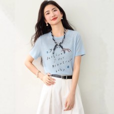 Round Neck Ice Silk Short Sleeve Knit Top for Women Fashionable Slimming Versatile Summer Top