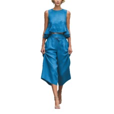 Sleeveless  Pleated Loose Fit  Casual Cotton Linen Two-Piece Set