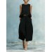 Sleeveless  Pleated Loose Fit  Casual Cotton Linen Two-Piece Set