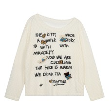 Bear Embellished Letter Print Mesh Overlay Loose Long Sleeve Sun Protection Top