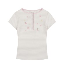 Women's Striped Crewneck Print Button-Decorated Short Sleeve Top Wholesale
