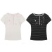Women's Striped Crewneck Print Button-Decorated Short Sleeve Top Wholesale