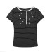 Women's Striped Crewneck Print Button-Decorated Short Sleeve Top Wholesale