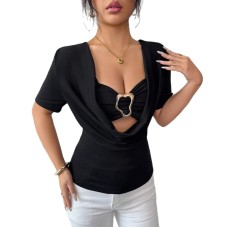Solid Color Off-Shoulder Metal Buckle Faux Two-Piece Sleeveless Top for Women