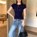 Solid Pink Round Neck Knit Short Sleeve Top for Women